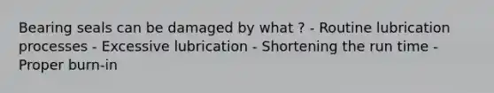 Bearing seals can be damaged by what ? - Routine lubrication processes - Excessive lubrication - Shortening the run time - Proper burn-in