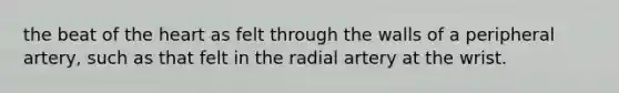 the beat of the heart as felt through the walls of a peripheral artery, such as that felt in the radial artery at the wrist.