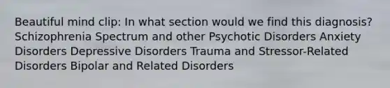 Beautiful mind clip: In what section would we find this diagnosis? Schizophrenia Spectrum and other Psychotic Disorders Anxiety Disorders Depressive Disorders Trauma and Stressor-Related Disorders Bipolar and Related Disorders