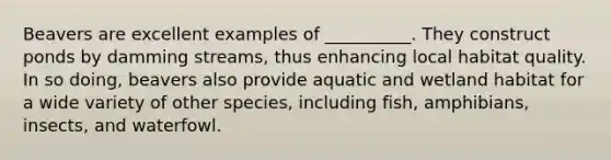 Beavers are excellent examples of __________. They construct ponds by damming streams, thus enhancing local habitat quality. In so doing, beavers also provide aquatic and wetland habitat for a wide variety of other species, including fish, amphibians, insects, and waterfowl.