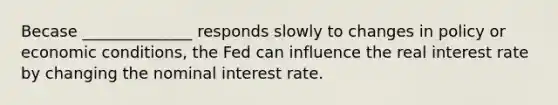 Becase ______________ responds slowly to changes in policy or economic conditions, the Fed can influence the real interest rate by changing the nominal interest rate.