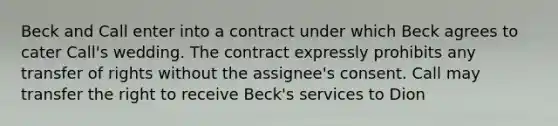 Beck and Call enter into a contract under which Beck agrees to cater Call's wedding. The contract expressly prohibits any transfer of rights without the assignee's consent. Call may transfer the right to receive Beck's services to Dion