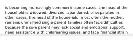 is becoming increasingly common in some cases, the head of the household is widowed, divorced, abandoned, or separated in other cases, the head of the household, most often the mother, remains unmarried single-parent families often face difficulties because the sole parent may lack social and emotional support, need assistance with childrearing issues, and face financial strain