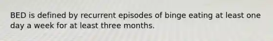 BED is defined by recurrent episodes of binge eating at least one day a week for at least three months.