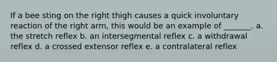 If a bee sting on the right thigh causes a quick involuntary reaction of the right arm, this would be an example of _______. a. the stretch reflex b. an intersegmental reflex c. a withdrawal reflex d. a crossed extensor reflex e. a contralateral reflex