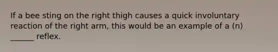 If a bee sting on the right thigh causes a quick involuntary reaction of the right arm, this would be an example of a (n) ______ reflex.