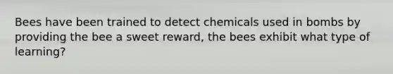 Bees have been trained to detect chemicals used in bombs by providing the bee a sweet reward, the bees exhibit what type of learning?