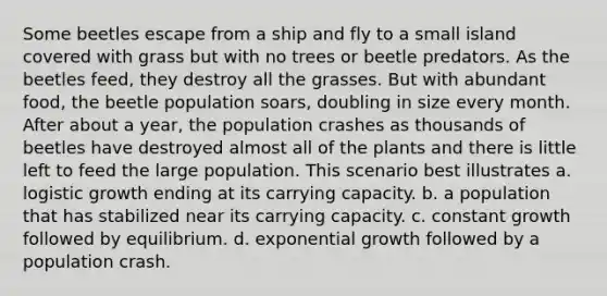 Some beetles escape from a ship and fly to a small island covered with grass but with no trees or beetle predators. As the beetles feed, they destroy all the grasses. But with abundant food, the beetle population soars, doubling in size every month. After about a year, the population crashes as thousands of beetles have destroyed almost all of the plants and there is little left to feed the large population. This scenario best illustrates a. logistic growth ending at its carrying capacity. b. a population that has stabilized near its carrying capacity. c. constant growth followed by equilibrium. d. exponential growth followed by a population crash.