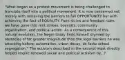 "What began as a protest movement is being challenged to translate itself into a political movement. It is now concerned not merely with removing the barriers to full OPPORTUNITY but with achieving the fact of EQUALITY. From sit-ins and freedom rides we have gone into rent strikes, boycotts, community organization, and political action. As a consequence of this natural evolution, the Negro today finds himself stymied by obstacles of far greater magnitude than the legal barriers he was attacking before: automation, urban decay, de facto school segregation." The activism described in the excerpt most directly helped inspire renewed social and political activism by...?