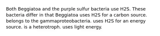 Both Beggiatoa and the purple sulfur bacteria use H2S. These bacteria differ in that Beggiatoa uses H2S for a carbon source. belongs to the gammaproteobacteria. uses H2S for an energy source. is a heterotroph. uses light energy.