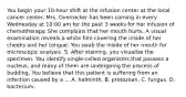 You begin your 10-hour shift at the infusion center at the local cancer center. Mrs. Overrocker has been coming in every Wednesday at 10:00 am for the past 3 weeks for her infusion of chemotherapy. She complains that her mouth hurts. A visual examination reveals a white film covering the inside of her cheeks and her tongue. You swab the inside of her mouth for microscopic analysis. 5. After staining, you visualize the specimen. You identify single-celled organisms that possess a nucleus, and many of them are undergoing the process of budding. You believe that this patient is suffering from an infection caused by a ... A. helminth. B. protozoan. C. fungus. D. bacterium.