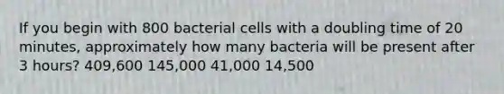 If you begin with 800 bacterial cells with a doubling time of 20 minutes, approximately how many bacteria will be present after 3 hours? 409,600 145,000 41,000 14,500