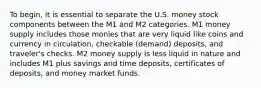 To begin, it is essential to separate the U.S. money stock components between the M1 and M2 categories. M1 money supply includes those monies that are very liquid like coins and currency in circulation, checkable (demand) deposits, and traveler's checks. M2 money supply is less liquid in nature and includes M1 plus savings and time deposits, certificates of deposits, and money market funds.