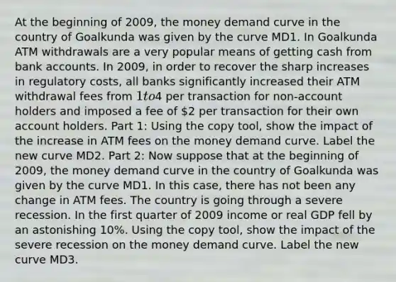 At the beginning of 2009, the money demand curve in the country of Goalkunda was given by the curve MD1. In Goalkunda ATM withdrawals are a very popular means of getting cash from bank accounts. In 2009, in order to recover the sharp increases in regulatory costs, all banks significantly increased their ATM withdrawal fees from 1 to4 per transaction for non-account holders and imposed a fee of 2 per transaction for their own account holders. Part 1: Using the copy tool, show the impact of the increase in ATM fees on the money demand curve. Label the new curve MD2. Part 2: Now suppose that at the beginning of 2009, the money demand curve in the country of Goalkunda was given by the curve MD1. In this case, there has not been any change in ATM fees. The country is going through a severe recession. In the first quarter of 2009 income or real GDP fell by an astonishing 10%. Using the copy tool, show the impact of the severe recession on the money demand curve. Label the new curve MD3.