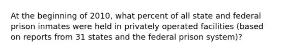 At the beginning of 2010, what percent of all state and federal prison inmates were held in privately operated facilities (based on reports from 31 states and the federal prison system)?