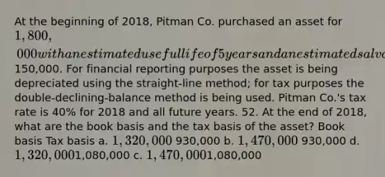 At the beginning of 2018, Pitman Co. purchased an asset for 1,800,000 with an estimated useful life of 5 years and an estimated salvage value of150,000. For financial reporting purposes the asset is being depreciated using the straight-line method; for tax purposes the double-declining-balance method is being used. Pitman Co.'s tax rate is 40% for 2018 and all future years. 52. At the end of 2018, what are the book basis and the tax basis of the asset? Book basis Tax basis a. 1,320,000 930,000 b. 1,470,000 930,000 d. 1,320,0001,080,000 c. 1,470,0001,080,000