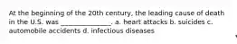 At the beginning of the 20th century, the leading cause of death in the U.S. was _______________. a. heart attacks b. suicides c. automobile accidents d. infectious diseases