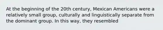 At the beginning of the 20th century, Mexican Americans were a relatively small group, culturally and linguistically separate from the dominant group. In this way, they resembled