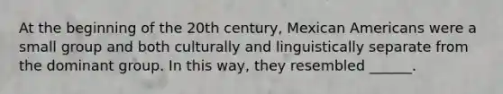 At the beginning of the 20th century, Mexican Americans were a small group and both culturally and linguistically separate from the dominant group. In this way, they resembled ______.