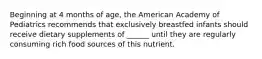 Beginning at 4 months of age, the American Academy of Pediatrics recommends that exclusively breastfed infants should receive dietary supplements of ______ until they are regularly consuming rich food sources of this nutrient.