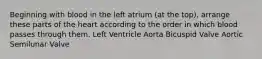 Beginning with blood in the left atrium (at the top), arrange these parts of the heart according to the order in which blood passes through them. Left Ventricle Aorta Bicuspid Valve Aortic Semilunar Valve