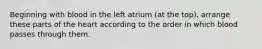 Beginning with blood in the left atrium (at the top), arrange these parts of the heart according to the order in which blood passes through them.