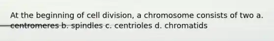 At the beginning of cell division, a chromosome consists of two a. centromeres b. spindles c. centrioles d. chromatids