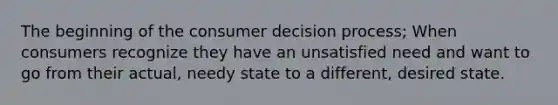 The beginning of the consumer decision process; When consumers recognize they have an unsatisfied need and want to go from their actual, needy state to a different, desired state.