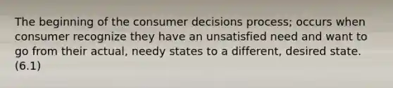 The beginning of the consumer decisions process; occurs when consumer recognize they have an unsatisfied need and want to go from their actual, needy states to a different, desired state. (6.1)