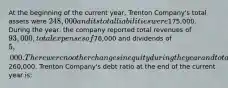 At the beginning of the current year, Trenton Company's total assets were 248,000 and its total liabilities were175,000. During the year, the company reported total revenues of 93,000, total expenses of76,000 and dividends of 5,000. There were no other changes in equity during the year and total assets at the end of the year were260,000. Trenton Company's debt ratio at the end of the current year is: