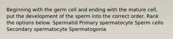 Beginning with the germ cell and ending with the mature cell, put the development of the sperm into the correct order. Rank the options below. Spermatid Primary spermatocyte Sperm cello Secondary spermatocyte Spermatogonia