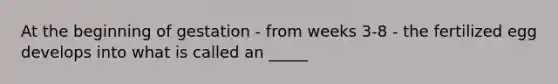 At the beginning of gestation - from weeks 3-8 - the fertilized egg develops into what is called an _____