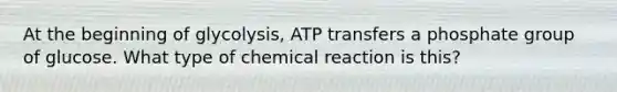 At the beginning of glycolysis, ATP transfers a phosphate group of glucose. What type of chemical reaction is this?