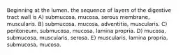 Beginning at the lumen, the sequence of layers of the digestive tract wall is A) submucosa, mucosa, serous membrane, muscularis. B) submucosa, mucosa, adventitia, muscularis. C) peritoneum, submucosa, mucosa, lamina propria. D) mucosa, submucosa, muscularis, serosa. E) muscularis, lamina propria, submucosa, mucosa.