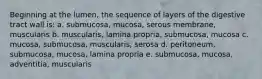 Beginning at the lumen, the sequence of layers of the digestive tract wall is: a. submucosa, mucosa, serous membrane, muscularis b. muscularis, lamina propria, submucosa, mucosa c. mucosa, submucosa, muscularis, serosa d. peritoneum, submucosa, mucosa, lamina propria e. submucosa, mucosa, adventitia, muscularis