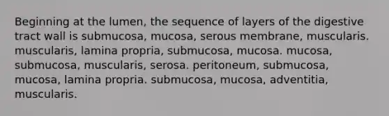 Beginning at the lumen, the sequence of layers of the digestive tract wall is submucosa, mucosa, serous membrane, muscularis. muscularis, lamina propria, submucosa, mucosa. mucosa, submucosa, muscularis, serosa. peritoneum, submucosa, mucosa, lamina propria. submucosa, mucosa, adventitia, muscularis.