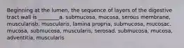 Beginning at the lumen, the sequence of layers of the digestive tract wall is ________a. submucosa, mucosa, serous membrane, muscularisb. muscularis, lamina propria, submucosa, mucosac. mucosa, submucosa, muscularis, serosad. submucosa, mucosa, adventitia, muscularis