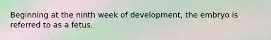 Beginning at the ninth week of development, the embryo is referred to as a fetus.