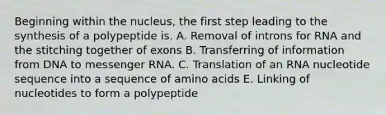 Beginning within the nucleus, the first step leading to the synthesis of a polypeptide is. A. Removal of introns for RNA and the stitching together of exons B. Transferring of information from DNA to <a href='https://www.questionai.com/knowledge/kDttgcz0ig-messenger-rna' class='anchor-knowledge'>messenger rna</a>. C. Translation of an RNA nucleotide sequence into a sequence of <a href='https://www.questionai.com/knowledge/k9gb720LCl-amino-acids' class='anchor-knowledge'>amino acids</a> E. Linking of nucleotides to form a polypeptide