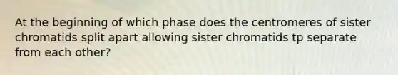 At the beginning of which phase does the centromeres of sister chromatids split apart allowing sister chromatids tp separate from each other?