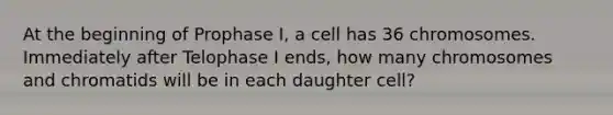 At the beginning of Prophase I, a cell has 36 chromosomes. Immediately after Telophase I ends, how many chromosomes and chromatids will be in each daughter cell?