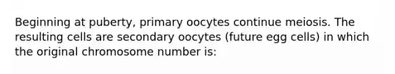 Beginning at puberty, primary oocytes continue meiosis. The resulting cells are secondary oocytes (future egg cells) in which the original chromosome number is: