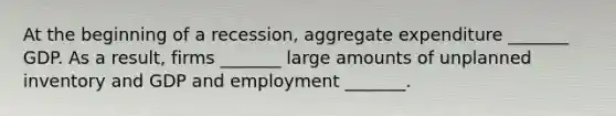 At the beginning of a​ recession, aggregate expenditure _______ GDP. As a​ result, firms _______ large amounts of unplanned inventory and GDP and employment _______.