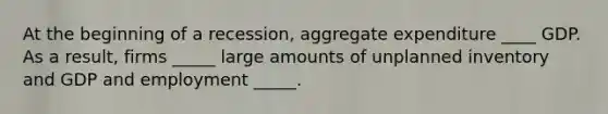 At the beginning of a​ recession, aggregate expenditure ____ GDP. As a​ result, firms _____ large amounts of unplanned inventory and GDP and employment _____.
