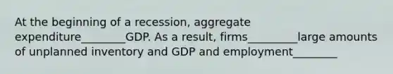 At the beginning of a​ recession, aggregate expenditure________GDP. As a​ result, firms_________large amounts of unplanned inventory and GDP and employment________