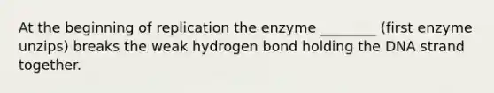 At the beginning of replication the enzyme ________ (first enzyme unzips) breaks the weak hydrogen bond holding the DNA strand together.