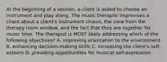 At the beginning of a session, a client is asked to choose an instrument and play along. The music therapist improvises a chant about a client's instrument choice, the view from the therapy room window, and the fact that they are together for music time. The therapist is MOST likely addressing which of the following objectives? A. improving orientation to the environment B. enhancing decision-making skills C. increasing the client's self-esteem D. providing opportunities for musical self-expression