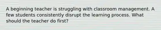 A beginning teacher is struggling with classroom management. A few students consistently disrupt the learning process. What should the teacher do first?