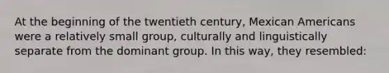 At the beginning of the twentieth century, Mexican Americans were a relatively small group, culturally and linguistically separate from the dominant group. In this way, they resembled: