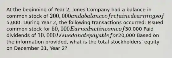 At the beginning of Year 2, Jones Company had a balance in common stock of 200,000 and a balance of retained earnings of5,000. During Year 2, the following transactions occurred: Issued common stock for 50,000 Earned net income of30,000 Paid dividends of 10,000 Issued a note payable for20,000 Based on the information provided, what is the total stockholders' equity on December 31, Year 2?